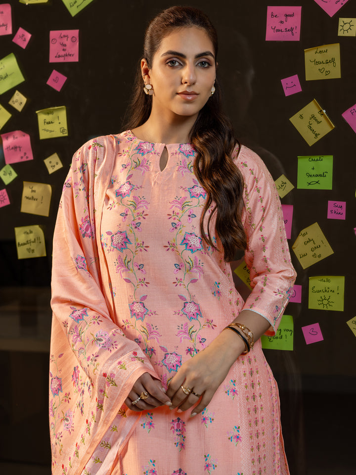 Peach Printed Silk Blend Straight Suit Set With Dupatta