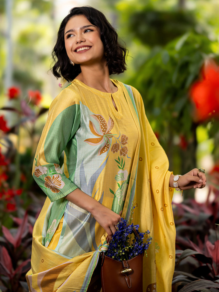 Yellow Printed Silk Blend Straight Suit Set With Dupatta