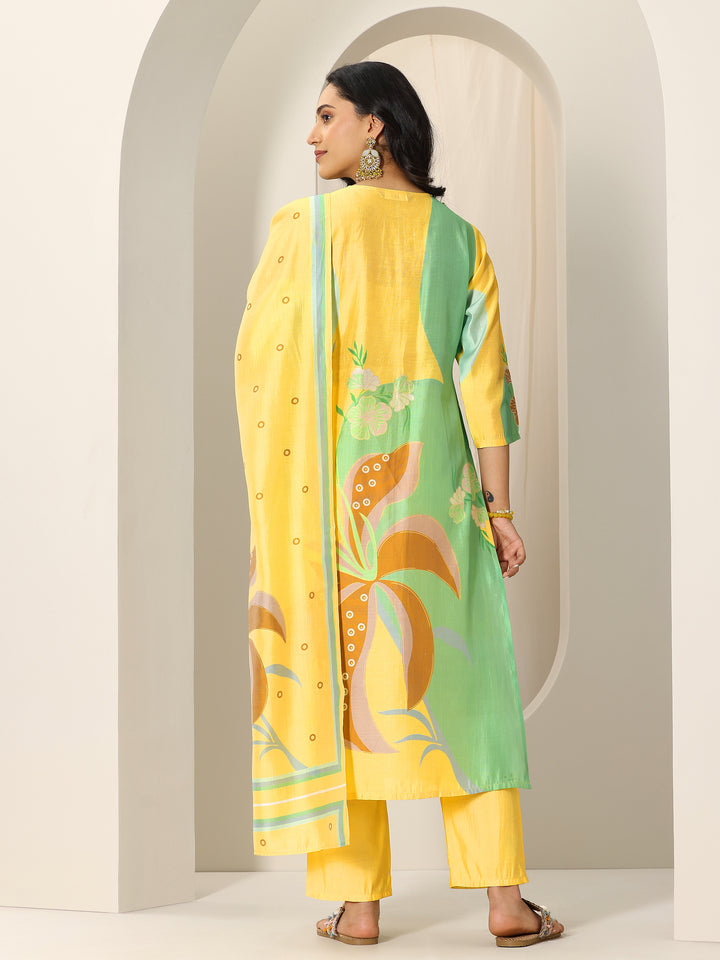 Yellow Printed Silk Blend Straight Suit Set With Dupatta