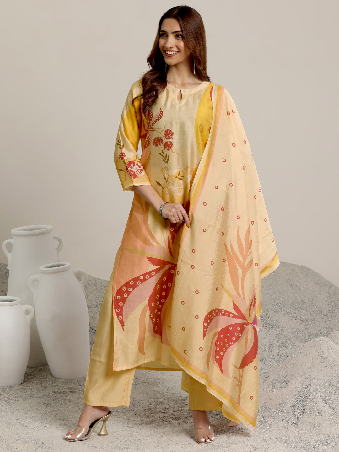 Peach Printed Silk Blend Straight Suit Set With Dupatta