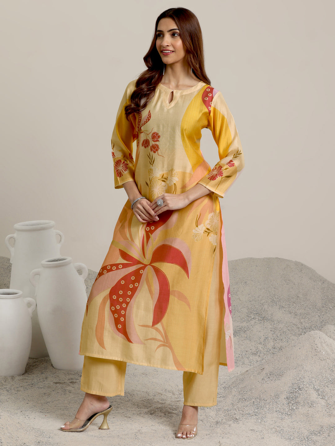 Peach Printed Silk Blend Straight Suit Set With Dupatta