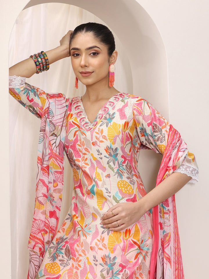 Multi Printed Silk Blend Straight Suit Set With Dupatta