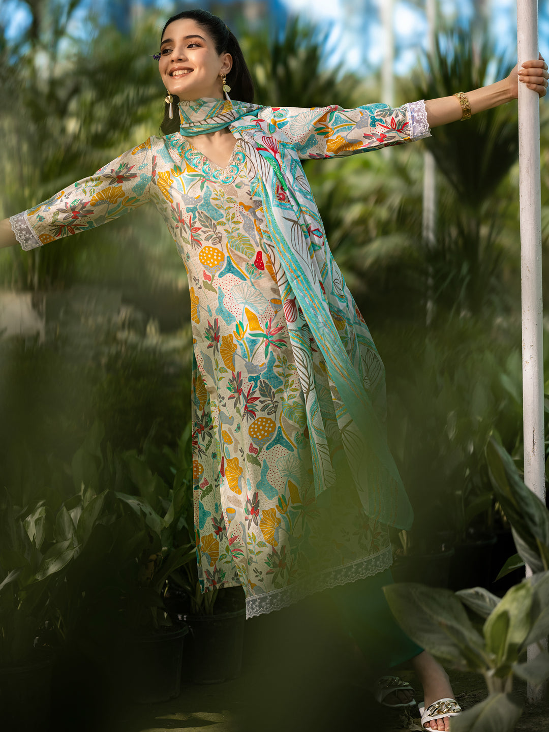 Multi Printed Silk Blend Straight Suit Set With Dupatta