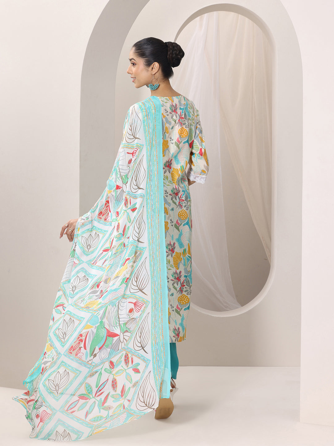 Multi Printed Silk Blend Straight Suit Set With Dupatta