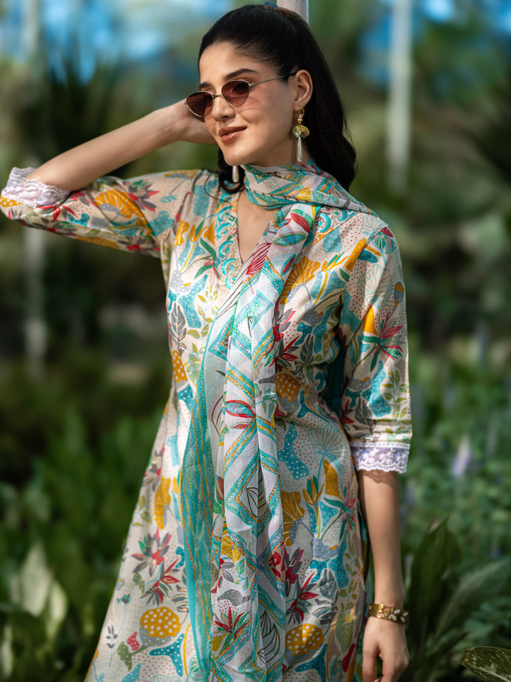 Multi Printed Silk Blend Straight Suit Set With Dupatta