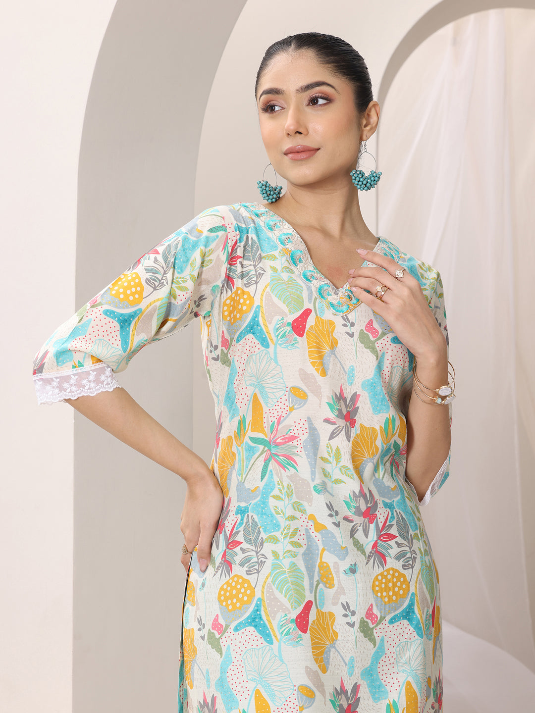 Multi Printed Silk Blend Straight Suit Set With Dupatta