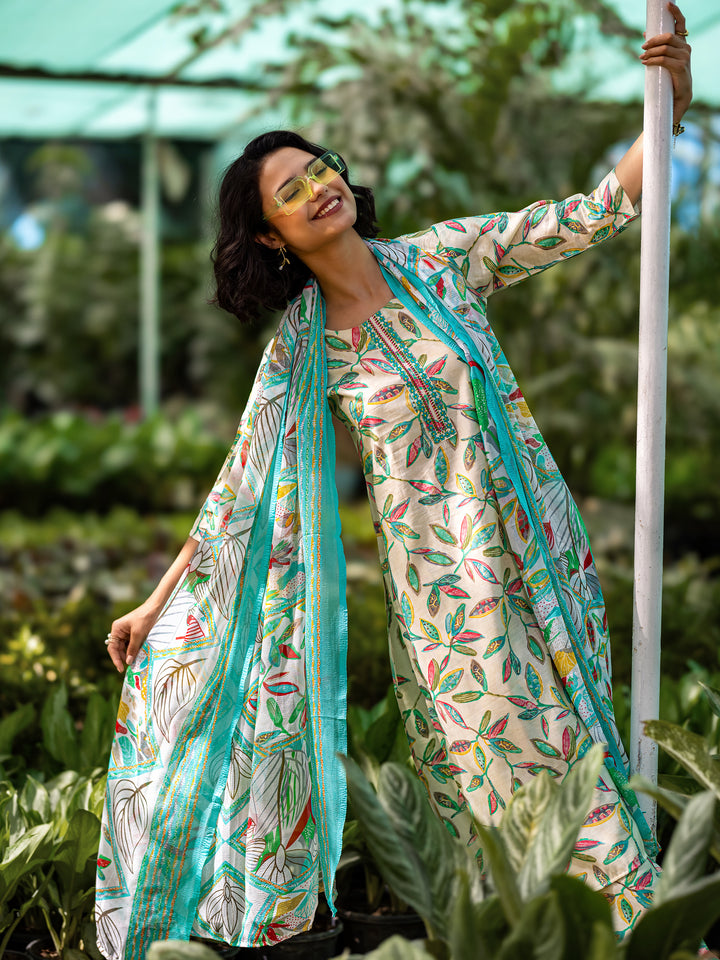 Off white Printed Silk Blend Straight Suit With Dupatta