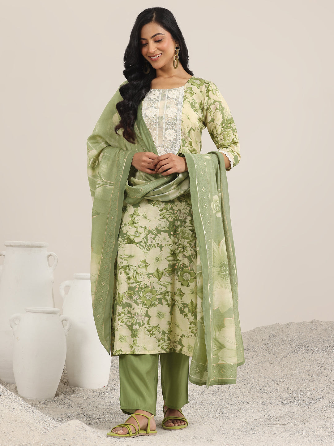 Green Printed Silk Blend Straight Suit With Dupatta