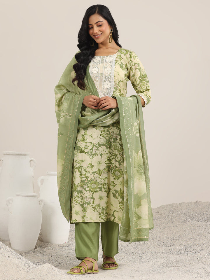 Green Printed Silk Blend Straight Suit With Dupatta