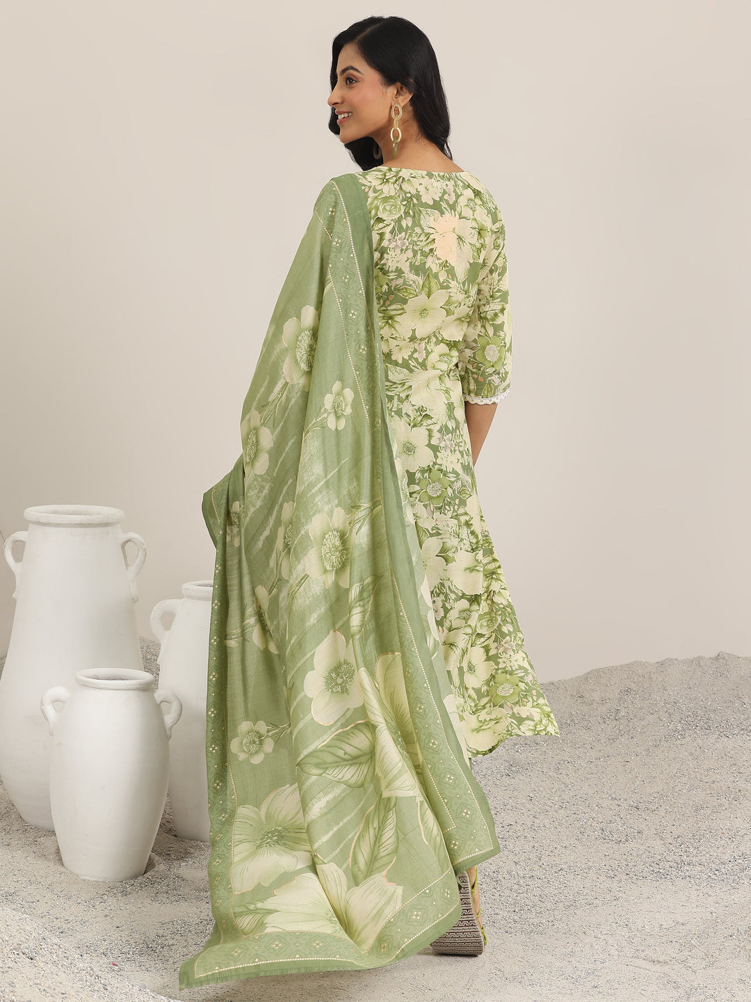 Green Printed Silk Blend Straight Suit With Dupatta