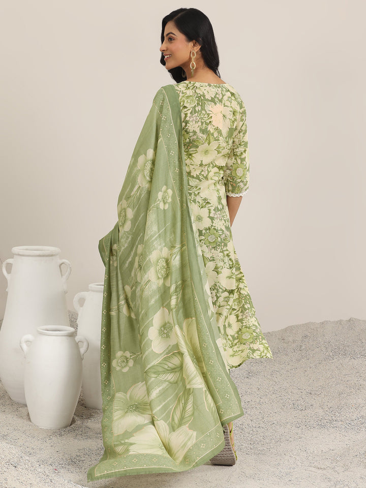 Green Printed Silk Blend Straight Suit With Dupatta