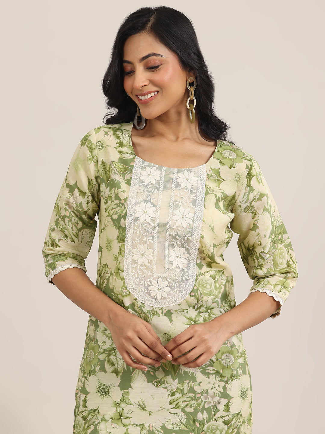 Green Printed Silk Blend Straight Suit With Dupatta