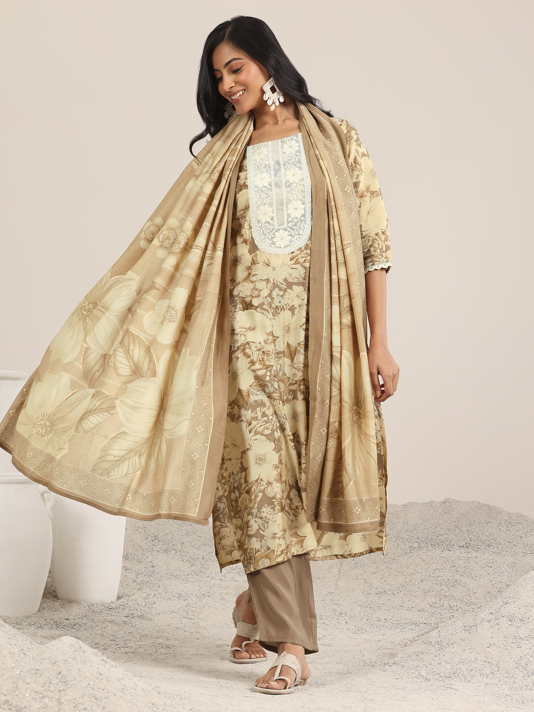 Brown Printed Silk Blend Straight Suit With Dupatta