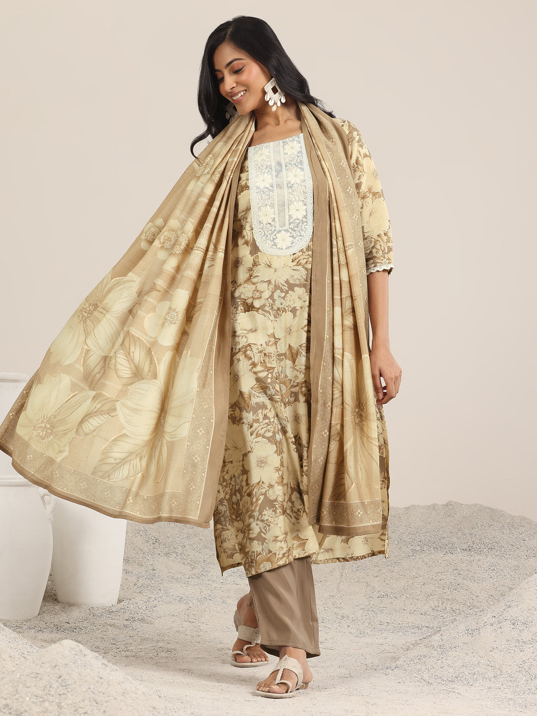 Brown Printed Silk Blend Straight Suit With Dupatta