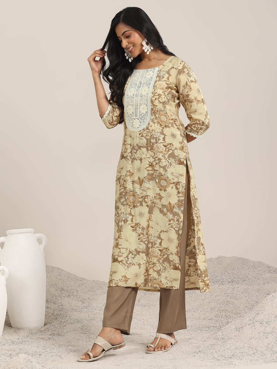 Brown Printed Silk Blend Straight Suit With Dupatta
