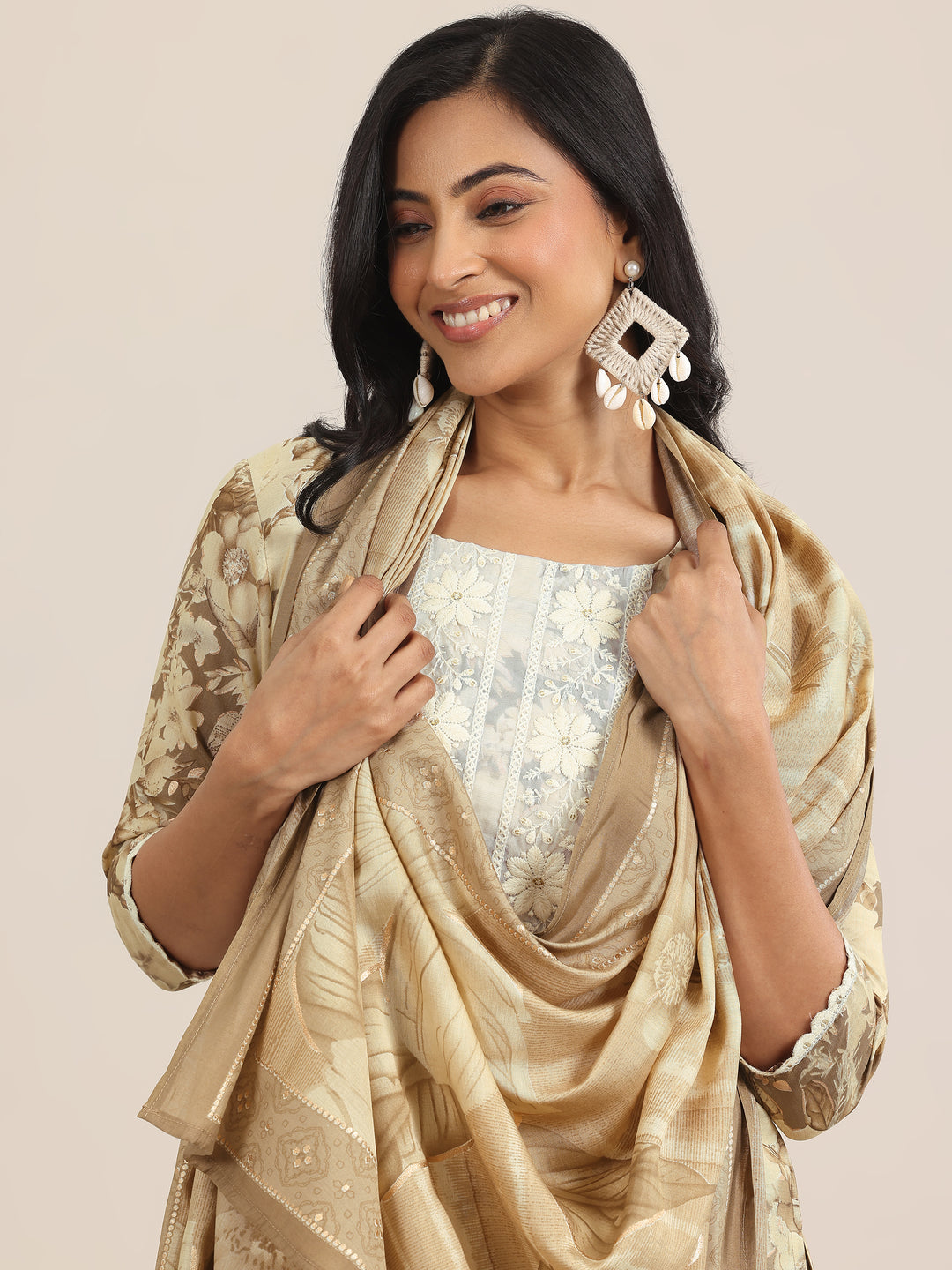 Brown Printed Silk Blend Straight Suit With Dupatta