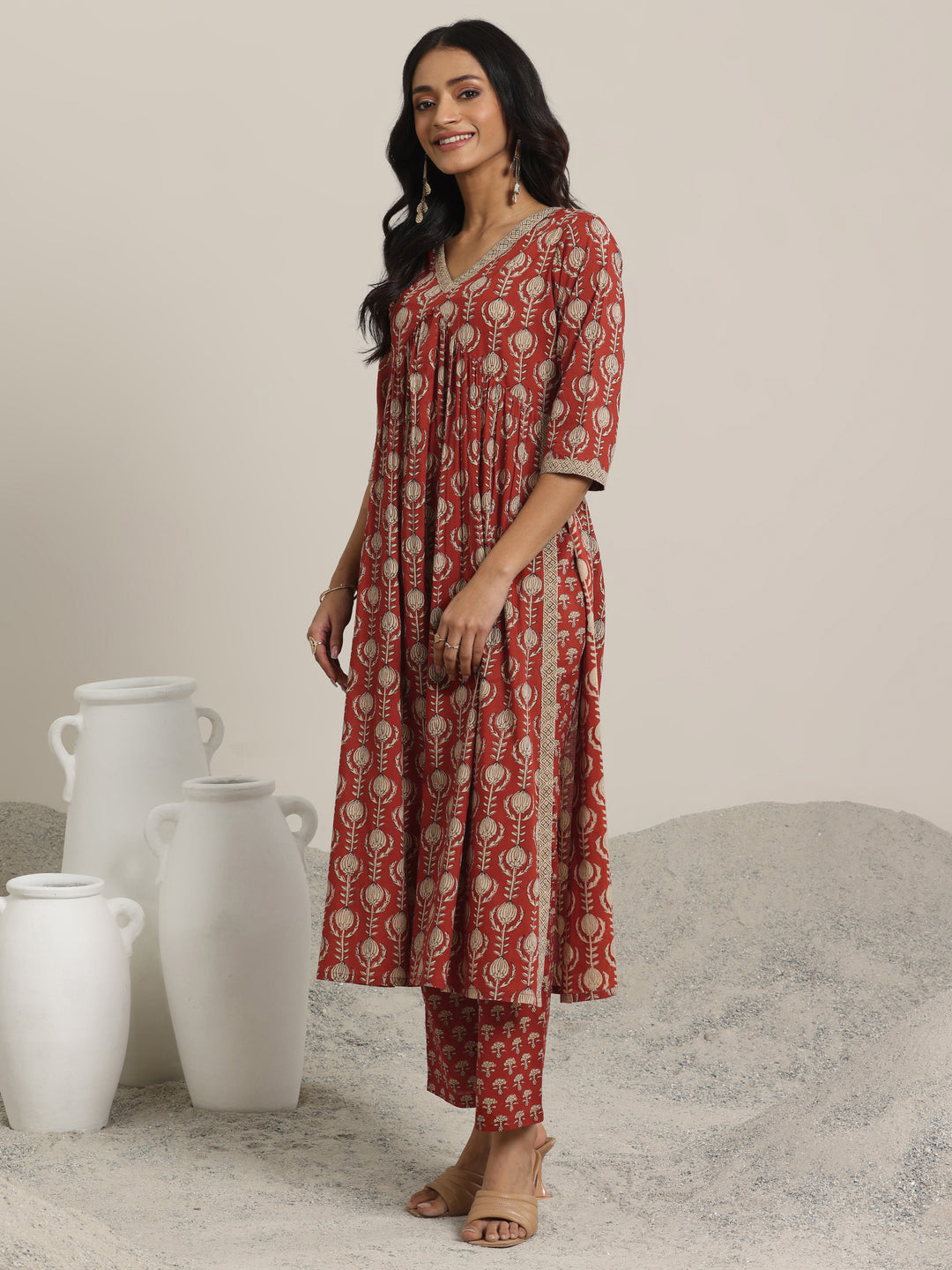 Maroon Printed Cotton A-Line Kurta Set