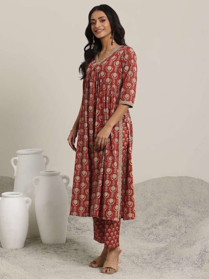 Maroon Printed Cotton A-Line Kurta Set