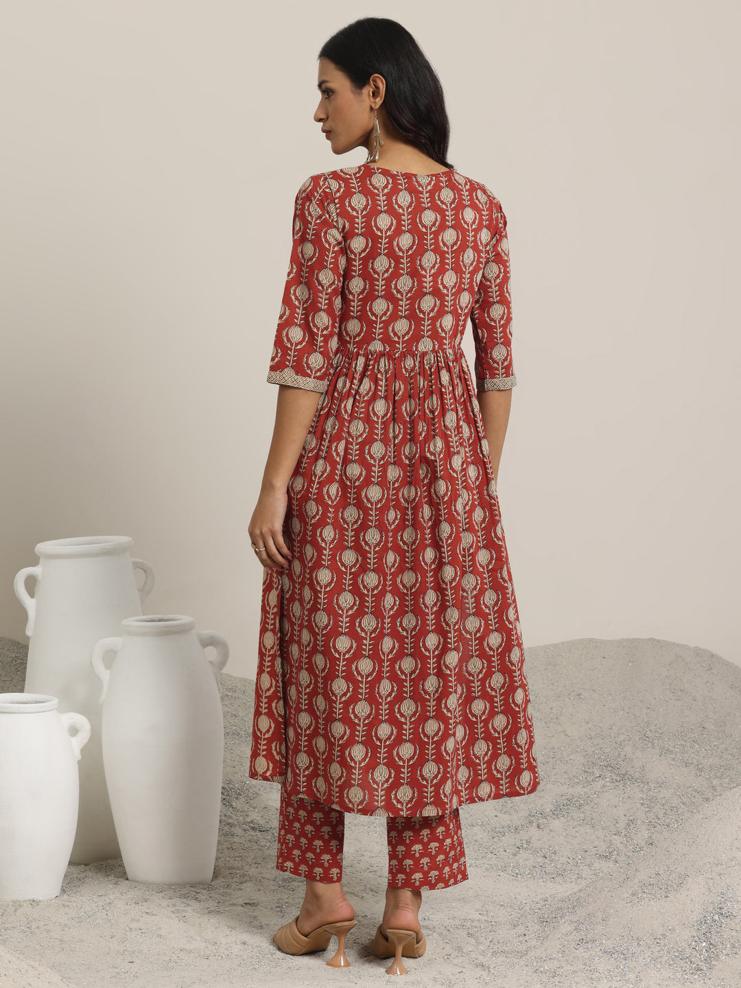 Maroon Printed Cotton A-Line Kurta Set