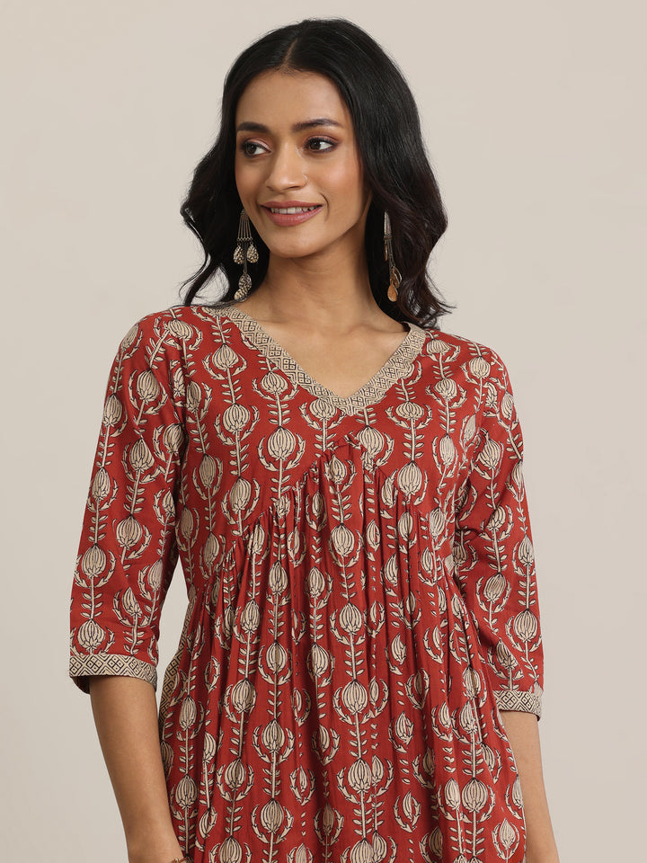 Maroon Printed Cotton A-Line Kurta Set