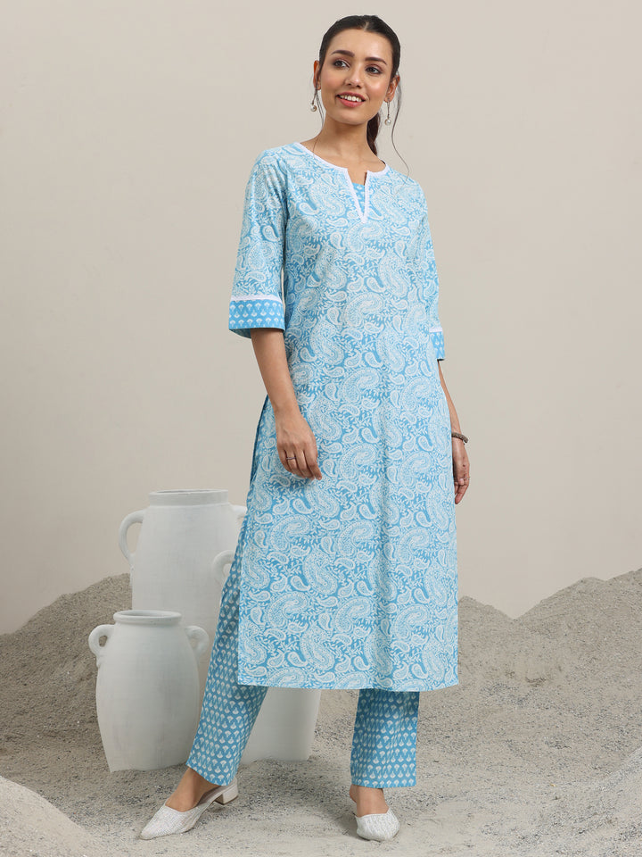 Blue Printed Cotton Straight Kurta With Trousers