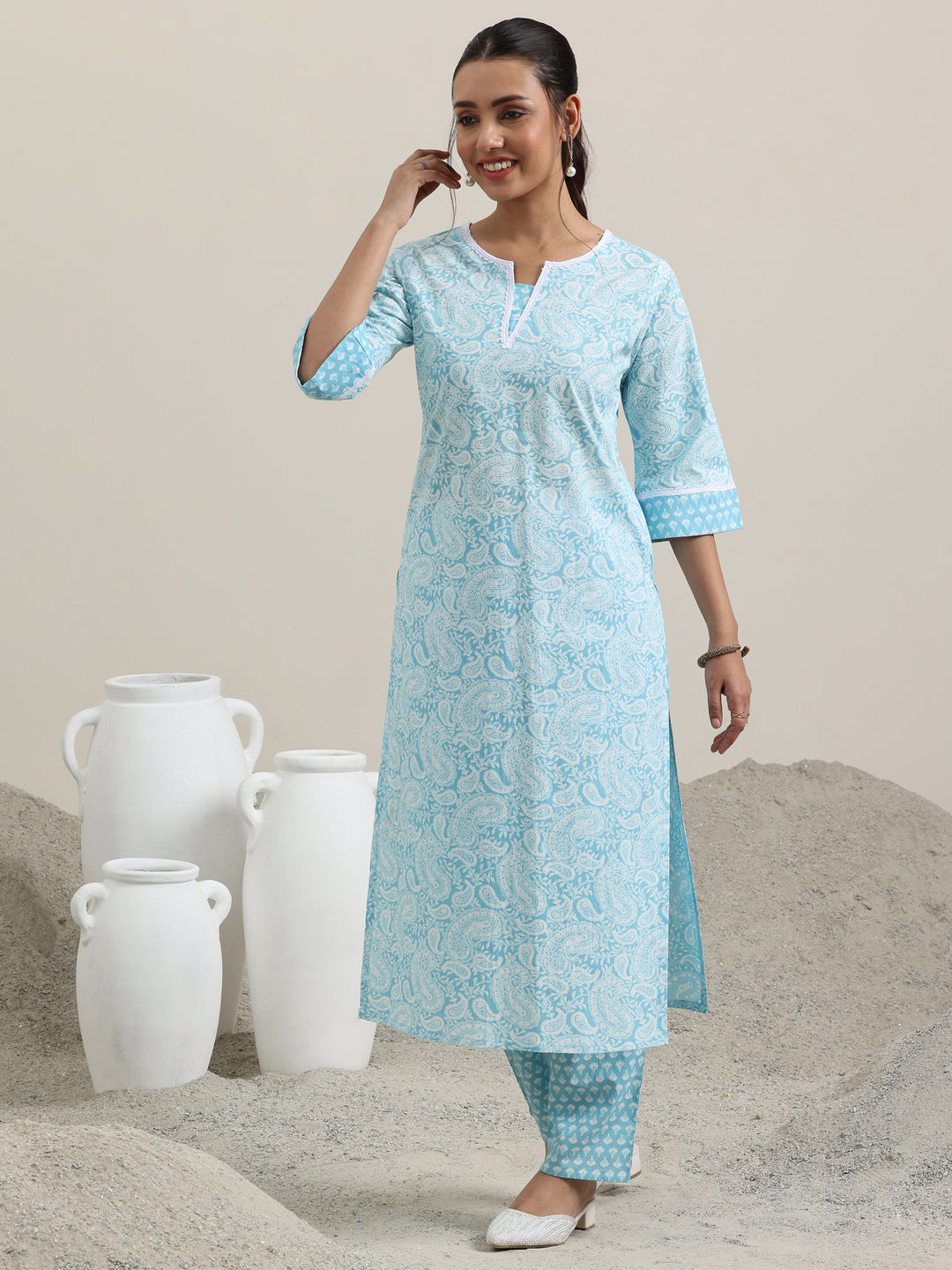 Blue Printed Cotton Straight Kurta With Trousers