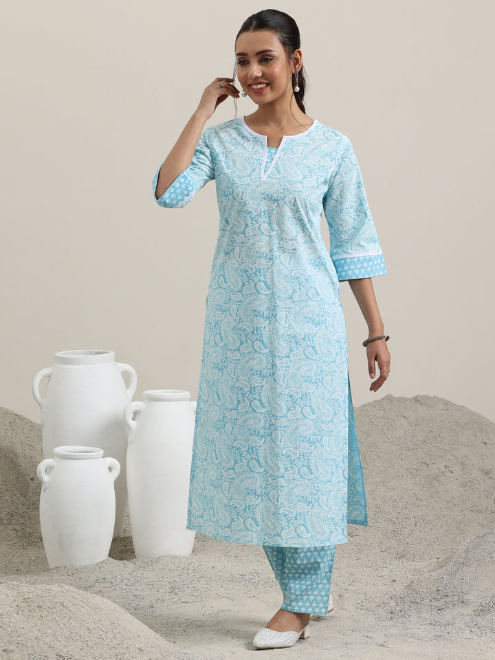 Blue Printed Cotton Straight Kurta With Trousers