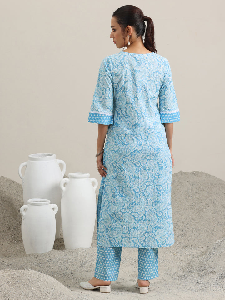 Blue Printed Cotton Straight Kurta With Trousers