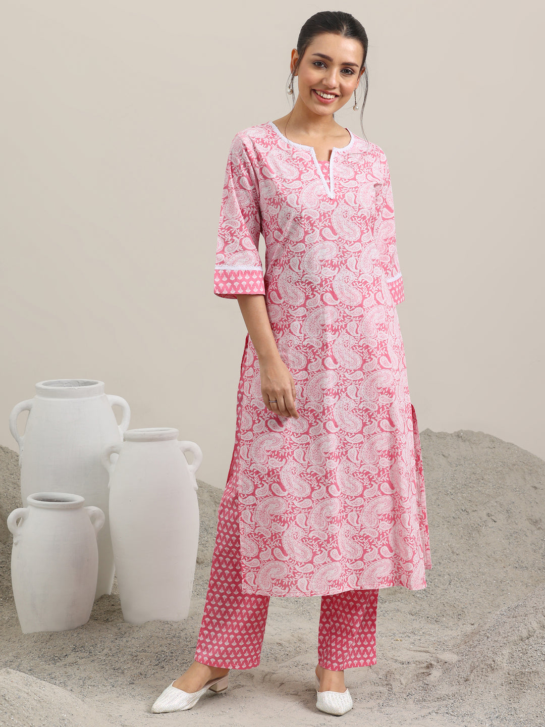 Pink Printed Cotton Straight Kurta With Trousers