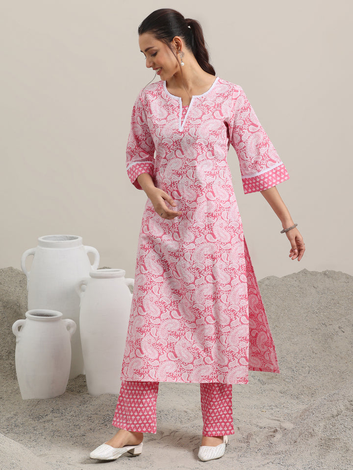 Pink Printed Cotton Straight Kurta With Trousers