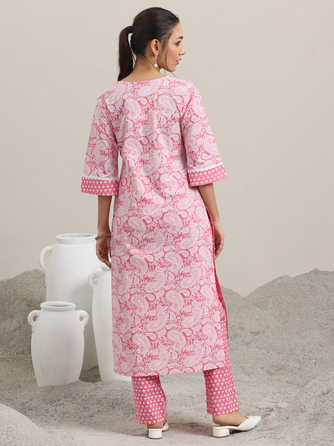 Pink Printed Cotton Straight Kurta With Trousers