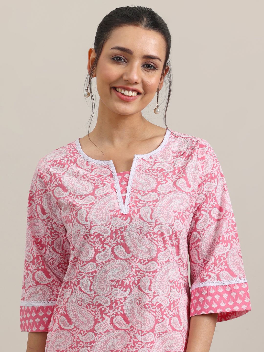 Pink Printed Cotton Straight Kurta With Trousers