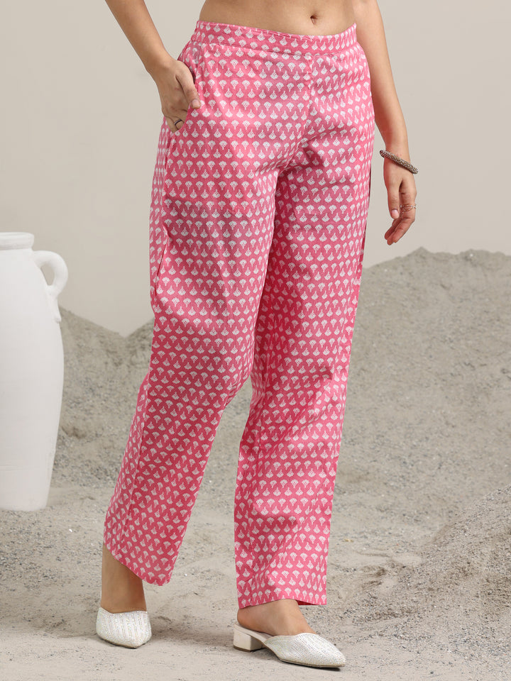 Pink Printed Cotton Straight Kurta With Trousers