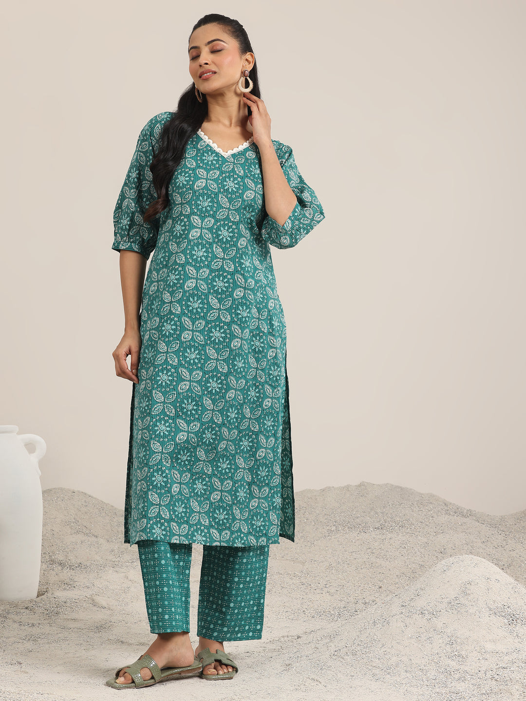 Teal Printed Cotton Straight Kurta Set