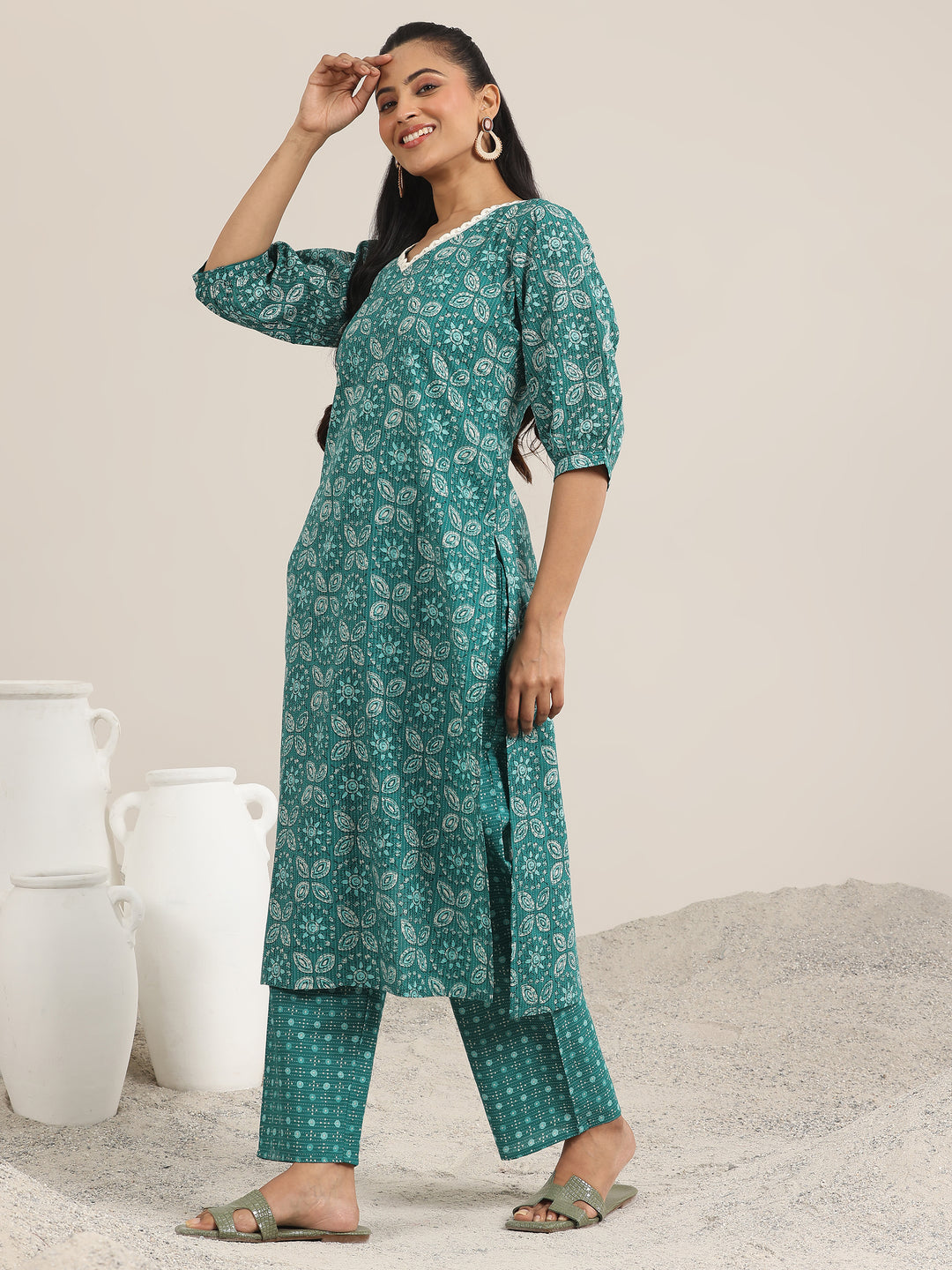 Teal Printed Cotton Straight Kurta Set