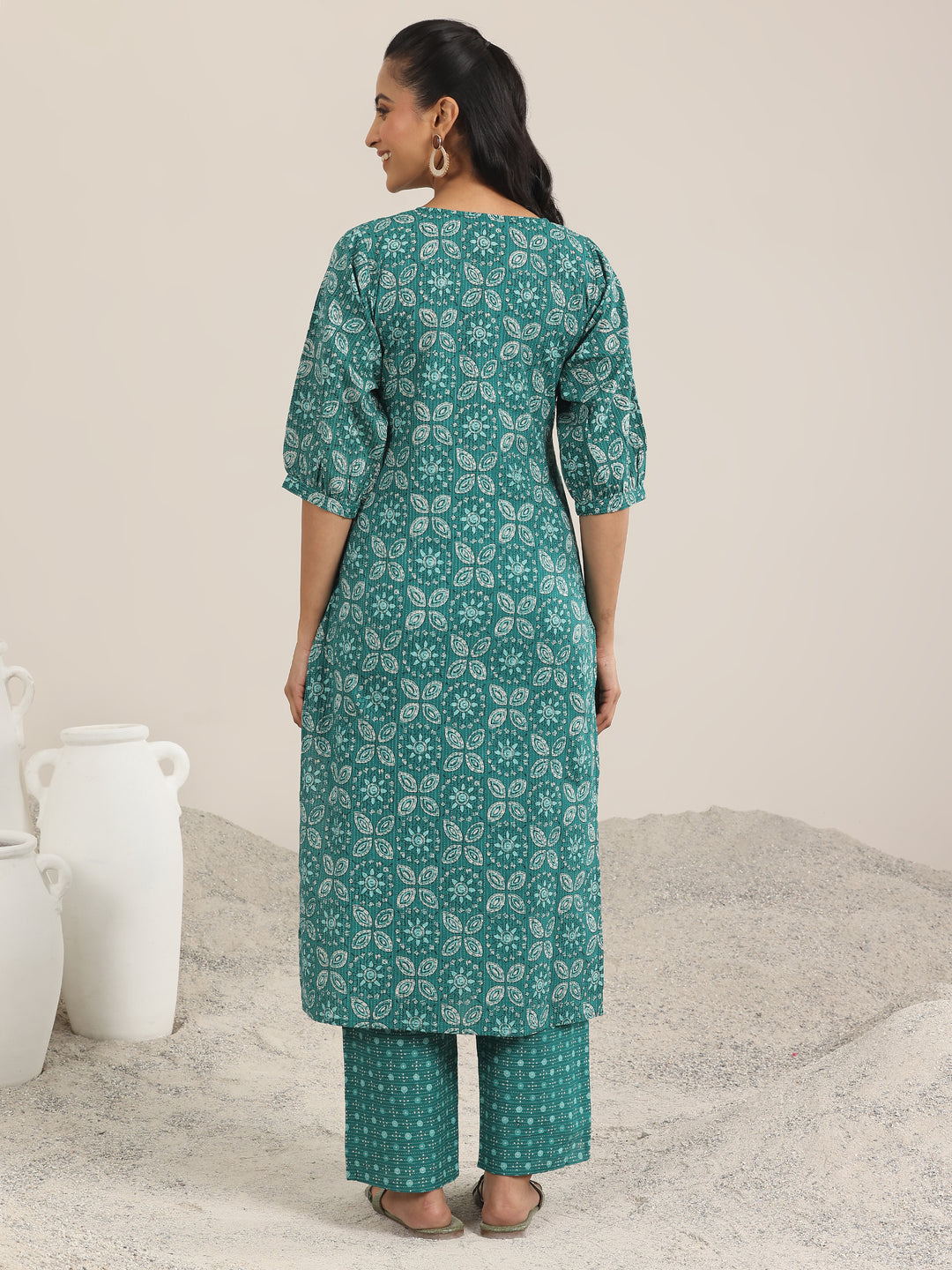 Teal Printed Cotton Straight Kurta Set