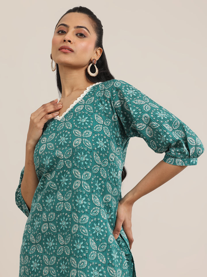 Teal Printed Cotton Straight Kurta Set
