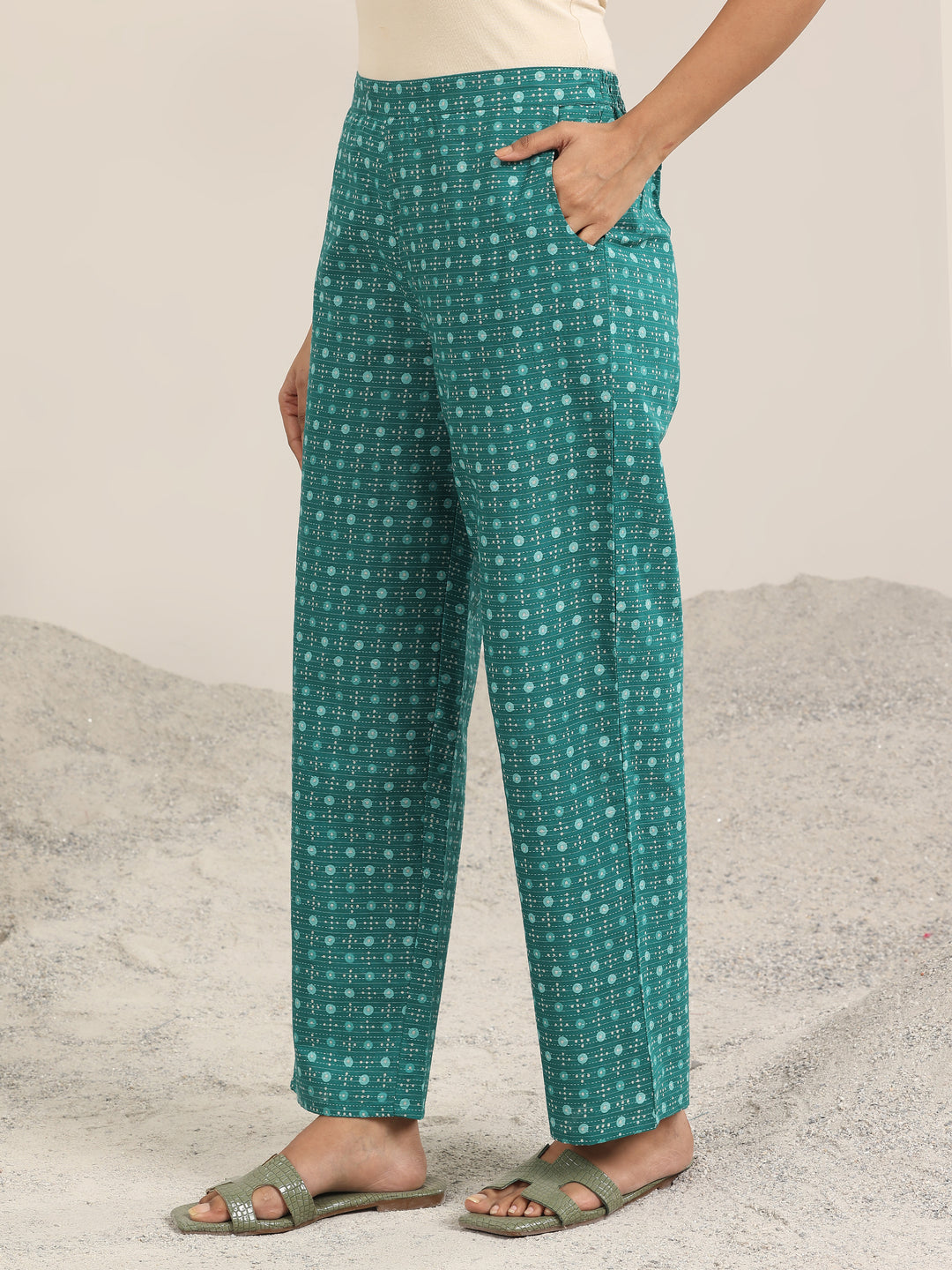 Teal Printed Cotton Straight Kurta Set