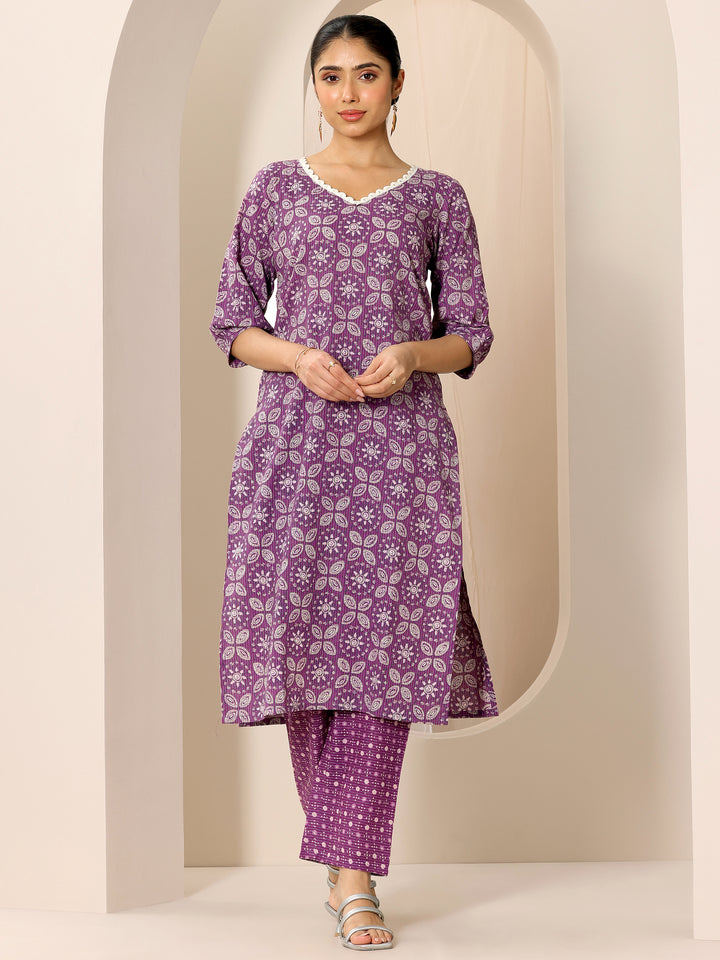 Purple Printed Pure Cotton Straight Kurta Set