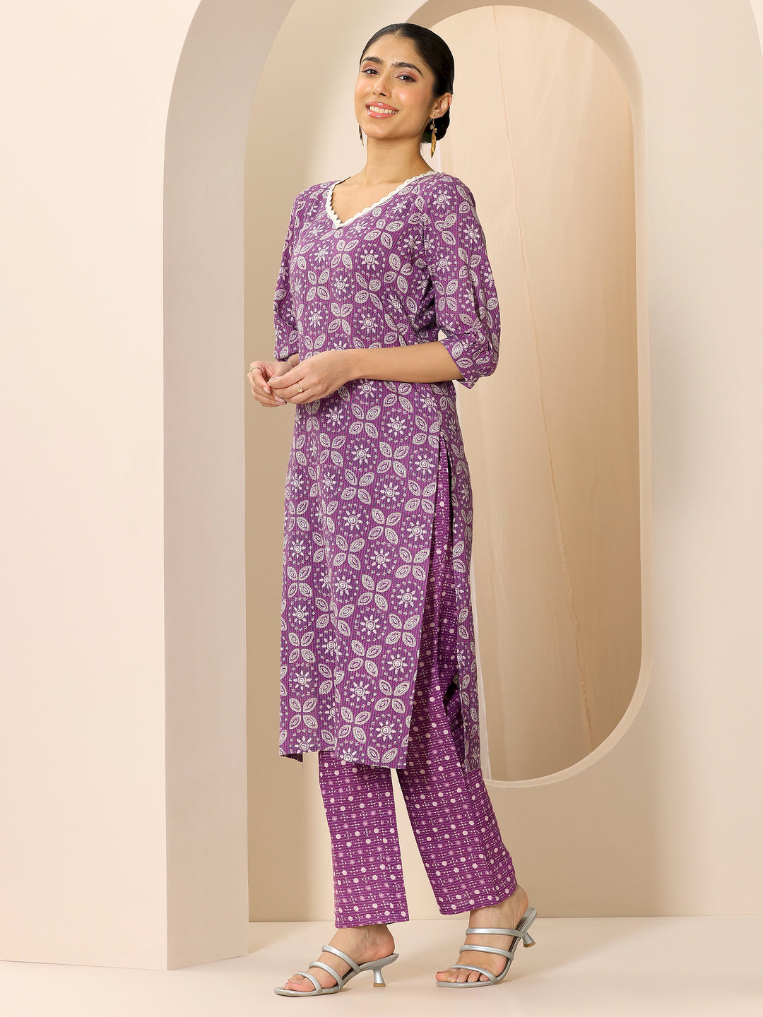 Purple Printed Pure Cotton Straight Kurta Set