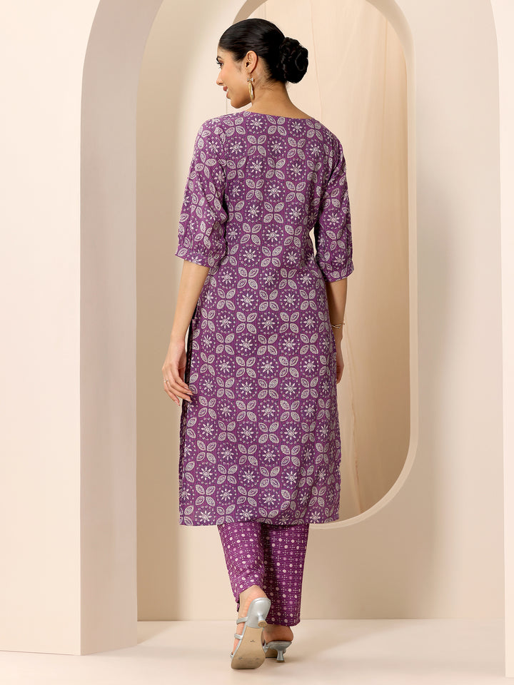 Purple Printed Pure Cotton Straight Kurta Set