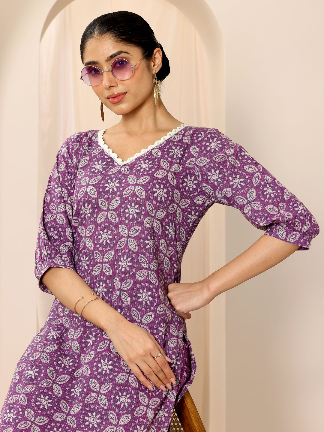 Purple Printed Pure Cotton Straight Kurta Set