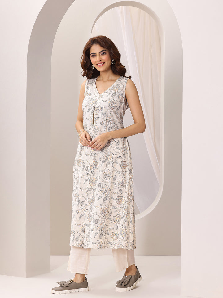 Off white Printed Silk Blend A-Line Kurta Set