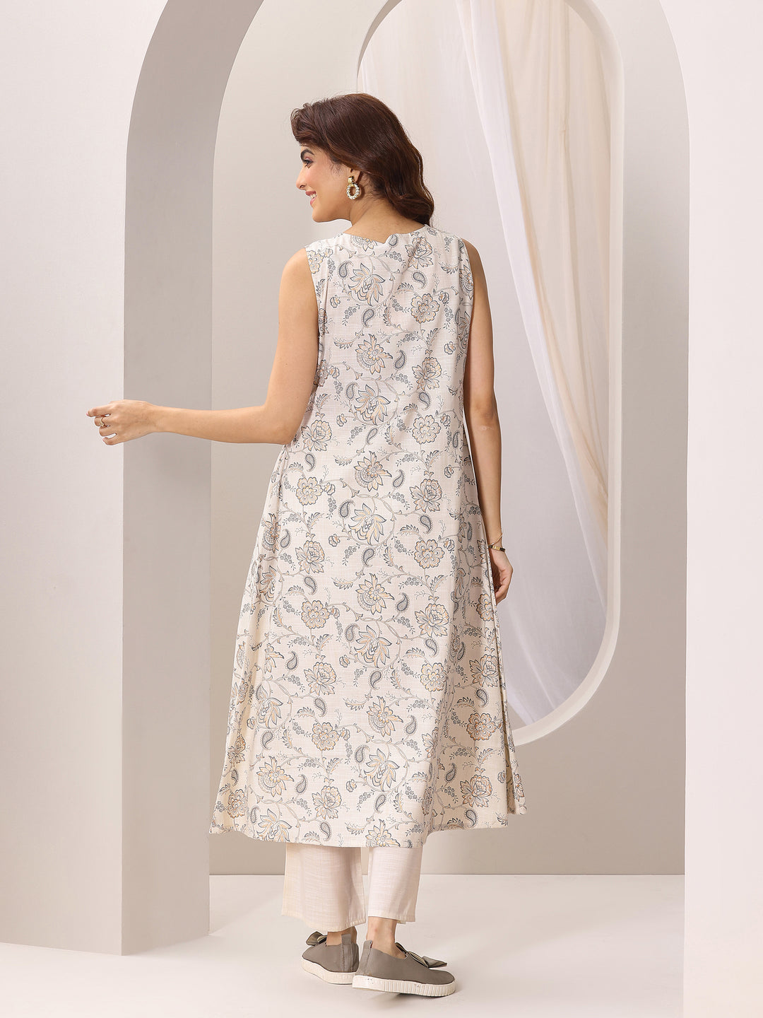 Off white Printed Silk Blend A-Line Kurta Set