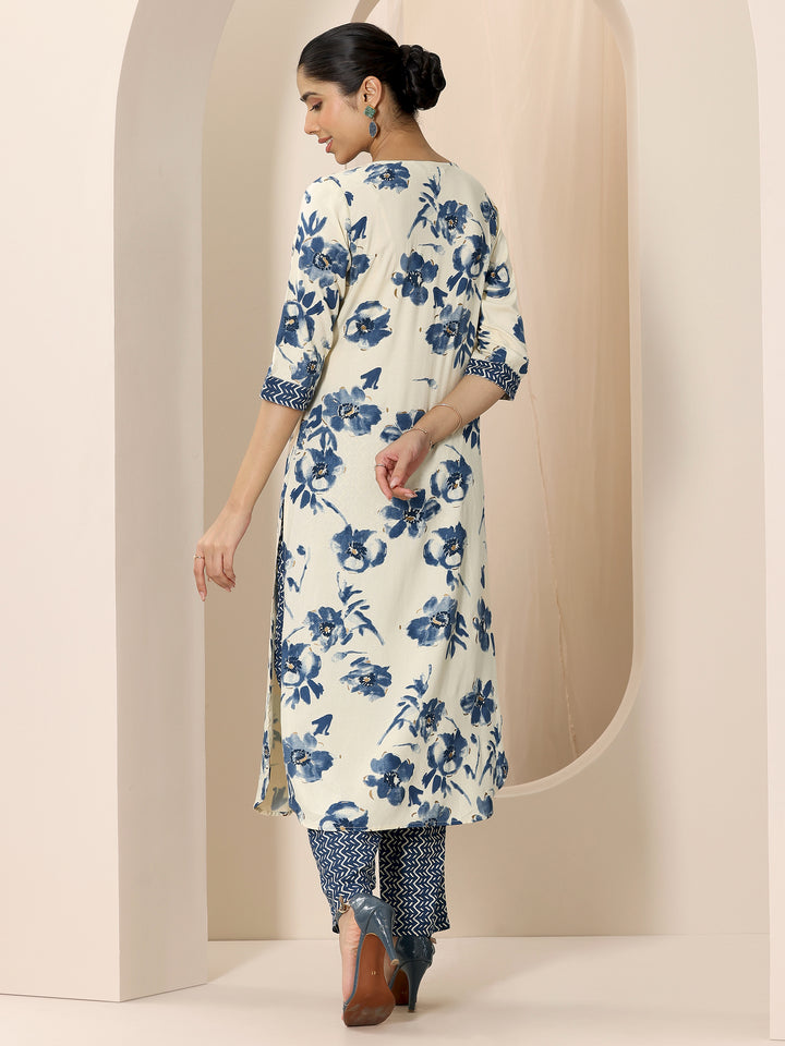Blue Printed Viscose Rayon Straight Kurta Set