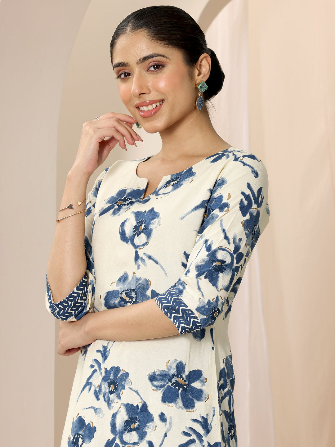 Blue Printed Viscose Rayon Straight Kurta Set