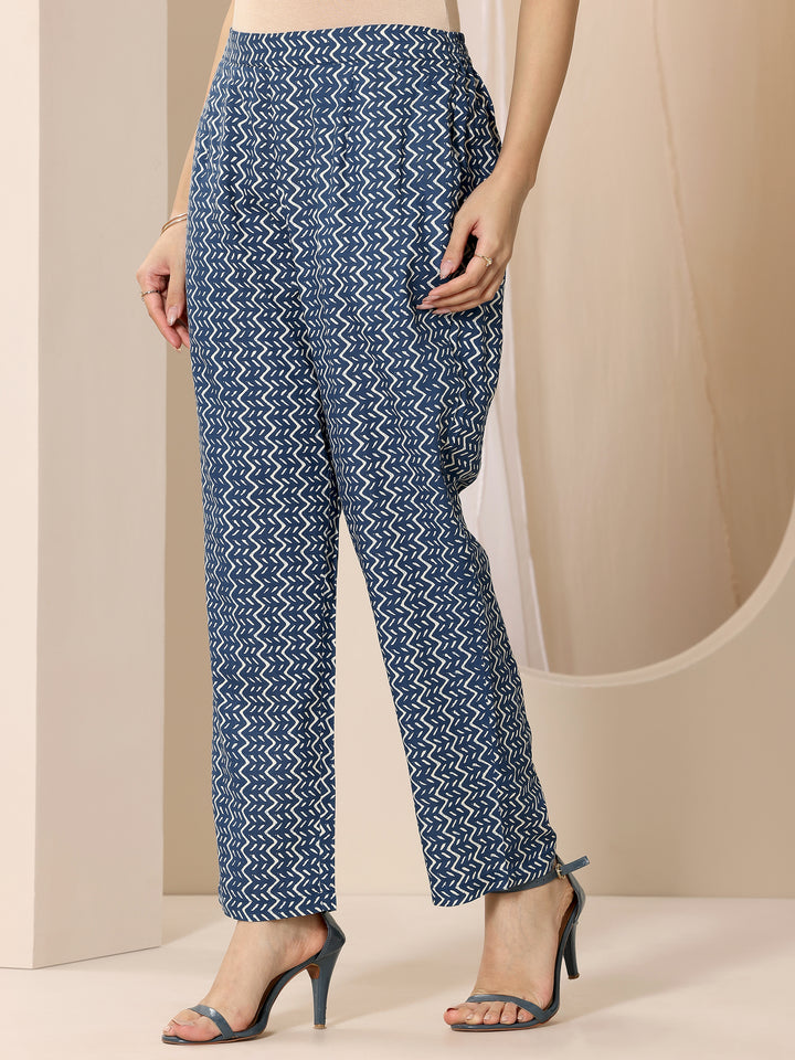 Blue Printed Viscose Rayon Straight Kurta Set