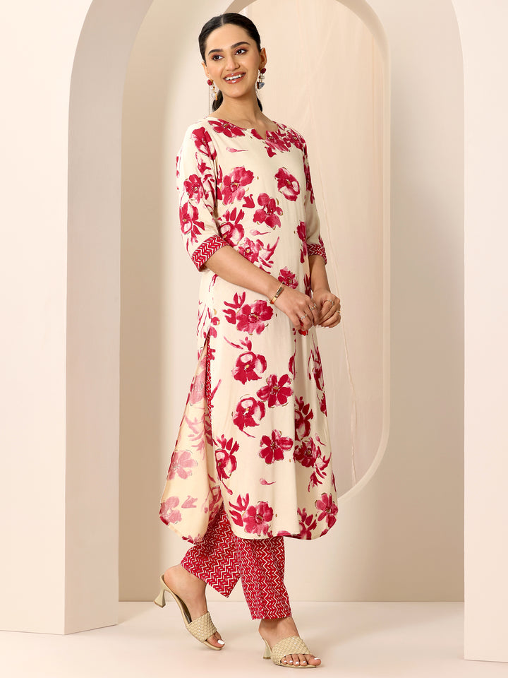 Red Printed Viscose Rayon Straight Kurta Set