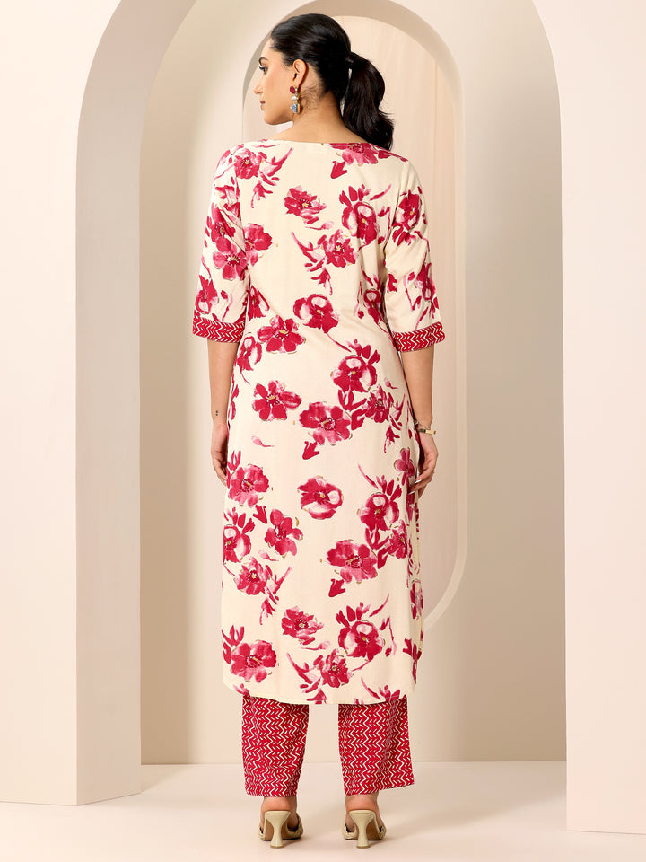 Red Printed Viscose Rayon Straight Kurta Set