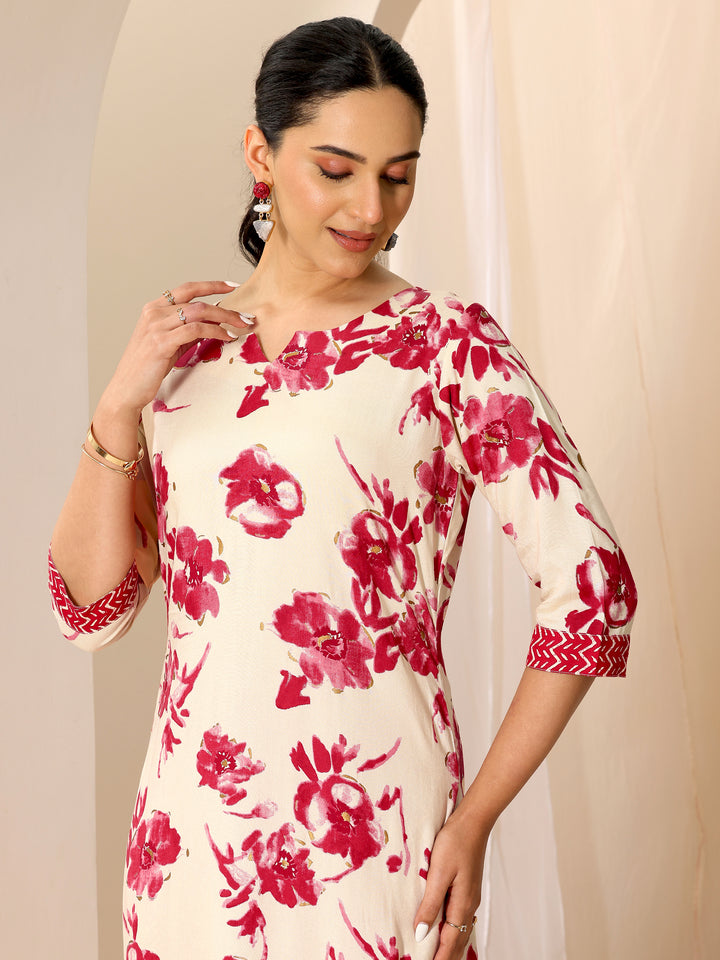 Red Printed Viscose Rayon Straight Kurta Set